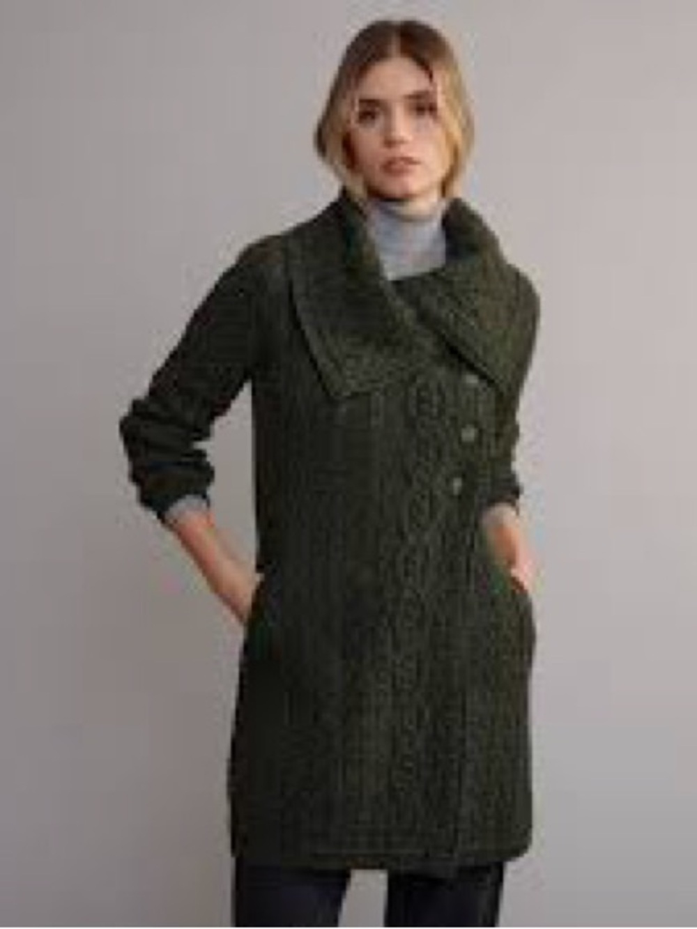 Aran Crafts gray Cable Knit Long Cardigan with Shawl Collar